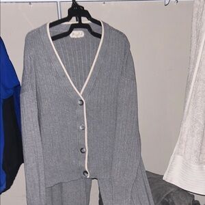 Gray Ribbed Cardigan with Pink Trim and matching wide leg